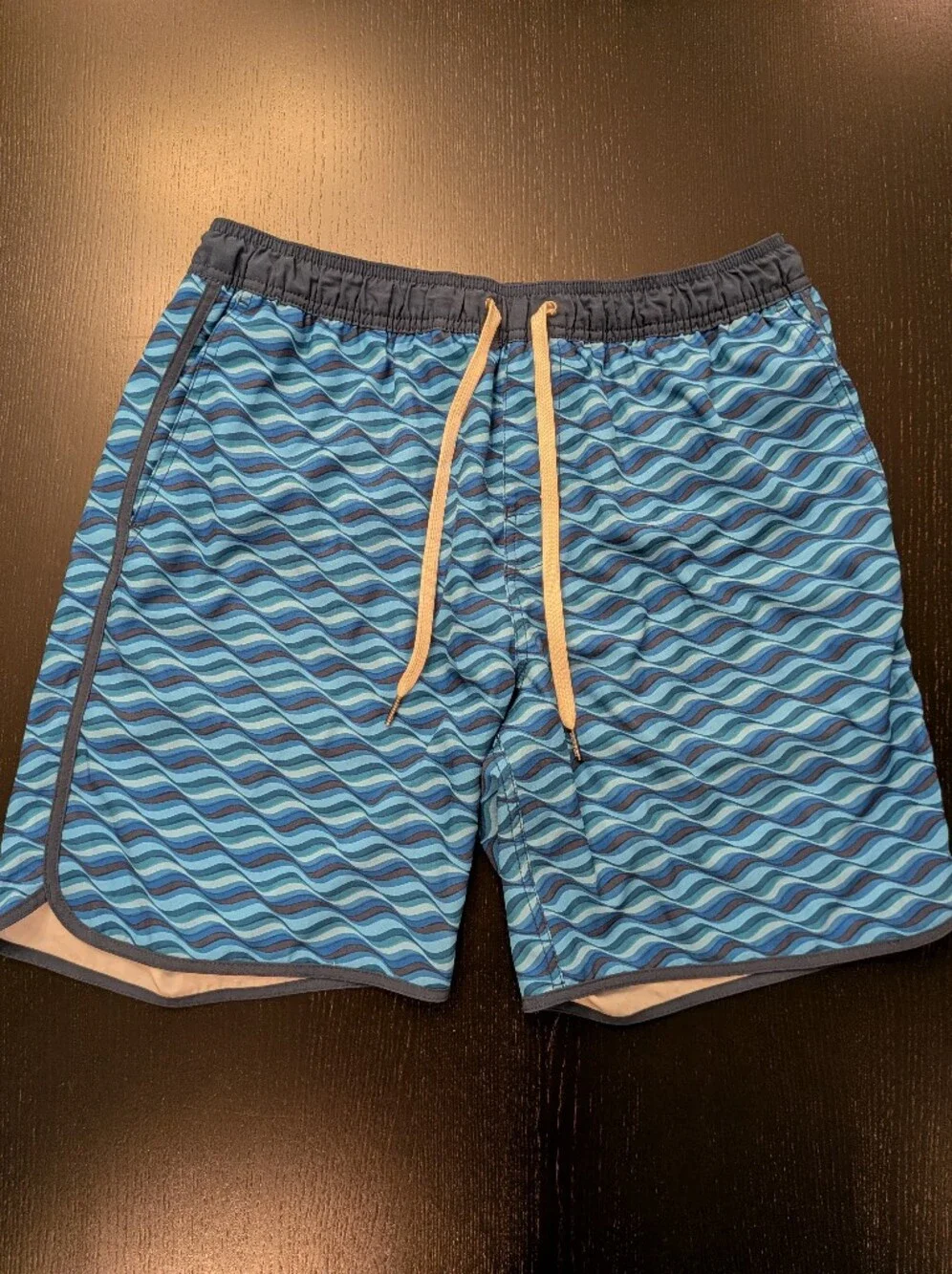 Fair Harbor Men's Blue Wave-Print Swim Trunks with Tan Drawstring